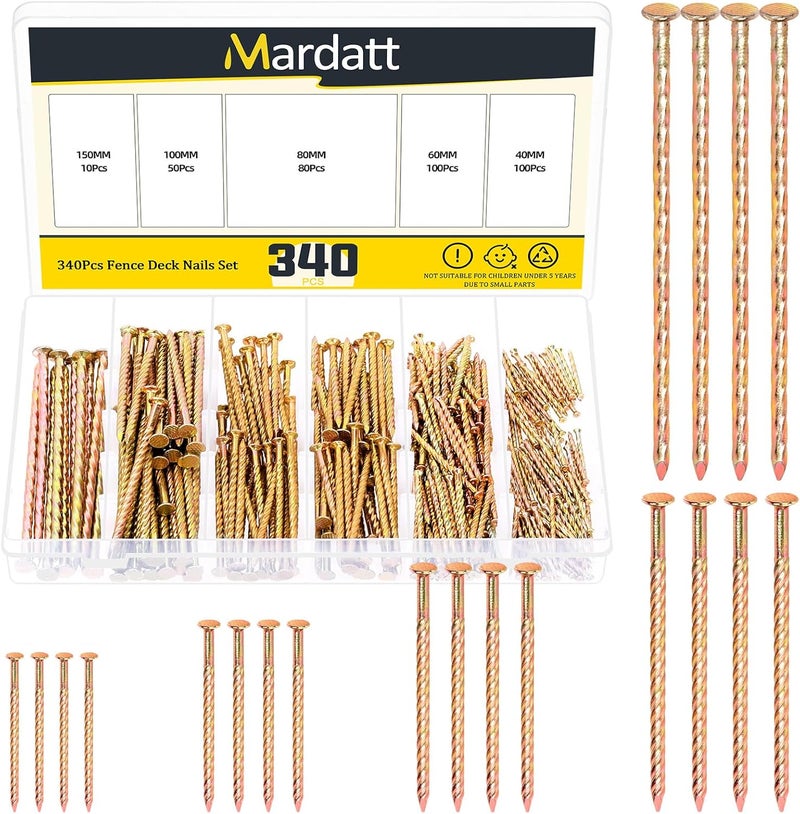 Mardatt 200 قطعة مسامير سياج للسطح، 40/60/80/100/150 مم من الفولاذ الكربوني المطلي بالزنك مع رأس حلزوني لمجموعة إصلاح الأرضيات والجدران والأعمال الخشبية في المنزل - Image 1